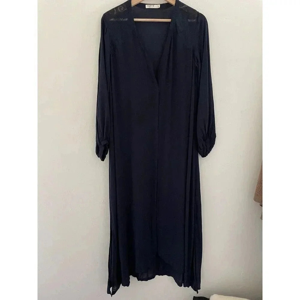 ORFEO Paris Women’s Maxi Dress Medium Navy Blue Sheer Cover Up Long Sleeve Beach